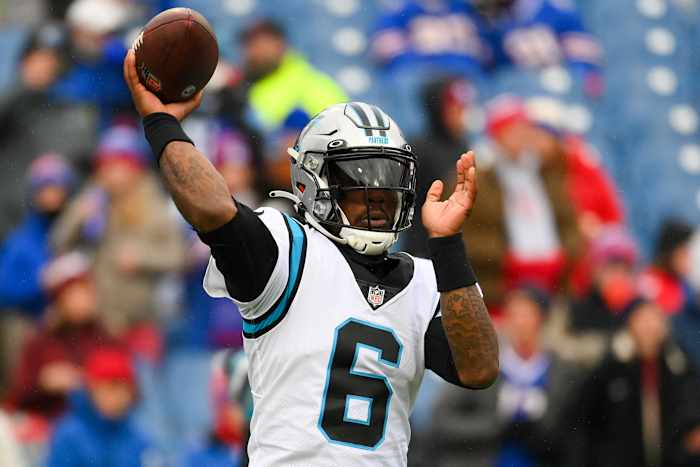 Dec 19, 2021; Orchard Park, New York, USA; Carolina Panthers quarterback P.J. Walker (6) warms up prior to the game against the Buffalo Bills at Highmark Stadium.